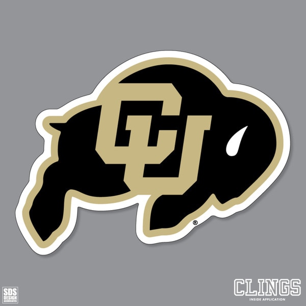 CU Buffaloes cling decal with interlocking CU logo in black and gold on gray background with “CLINGS Inside Application” text